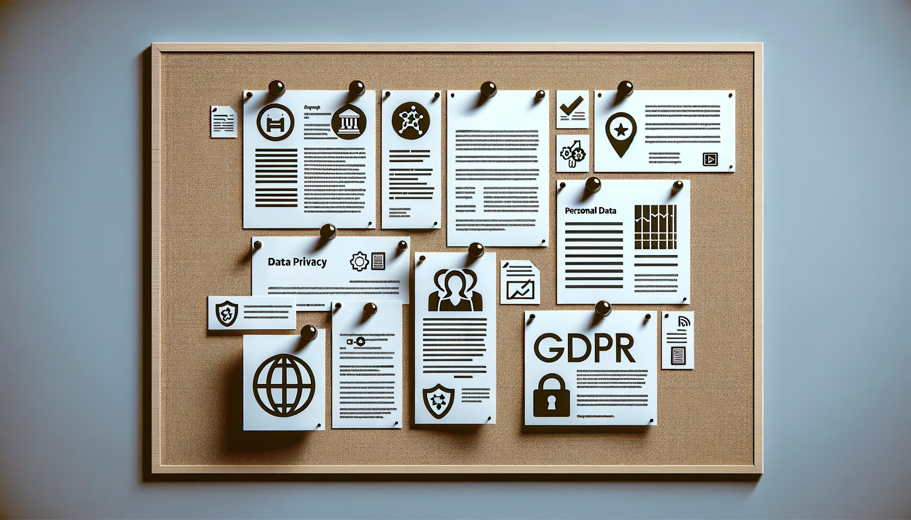 bulletin board pinned with papers of compliance, GDPR, consumer rights, data privacy