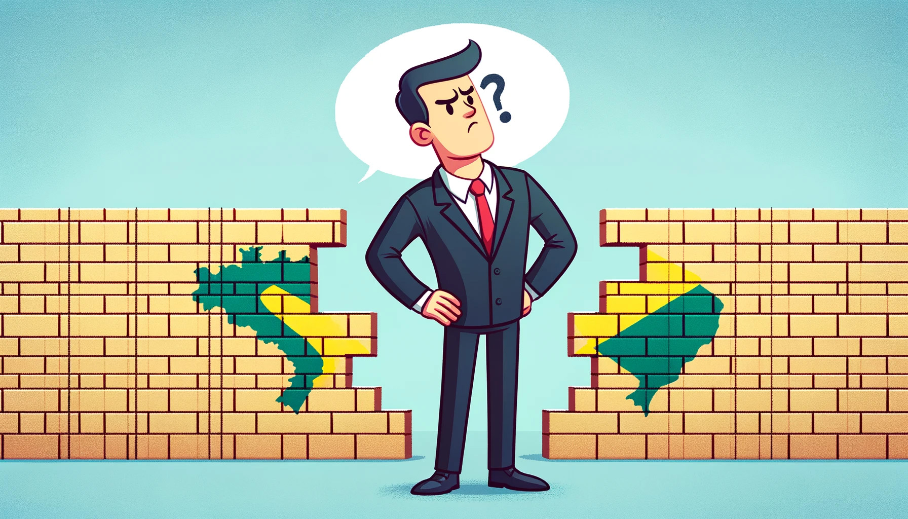 businessman standing in front of a broken brick wall with the brazilian flag on it