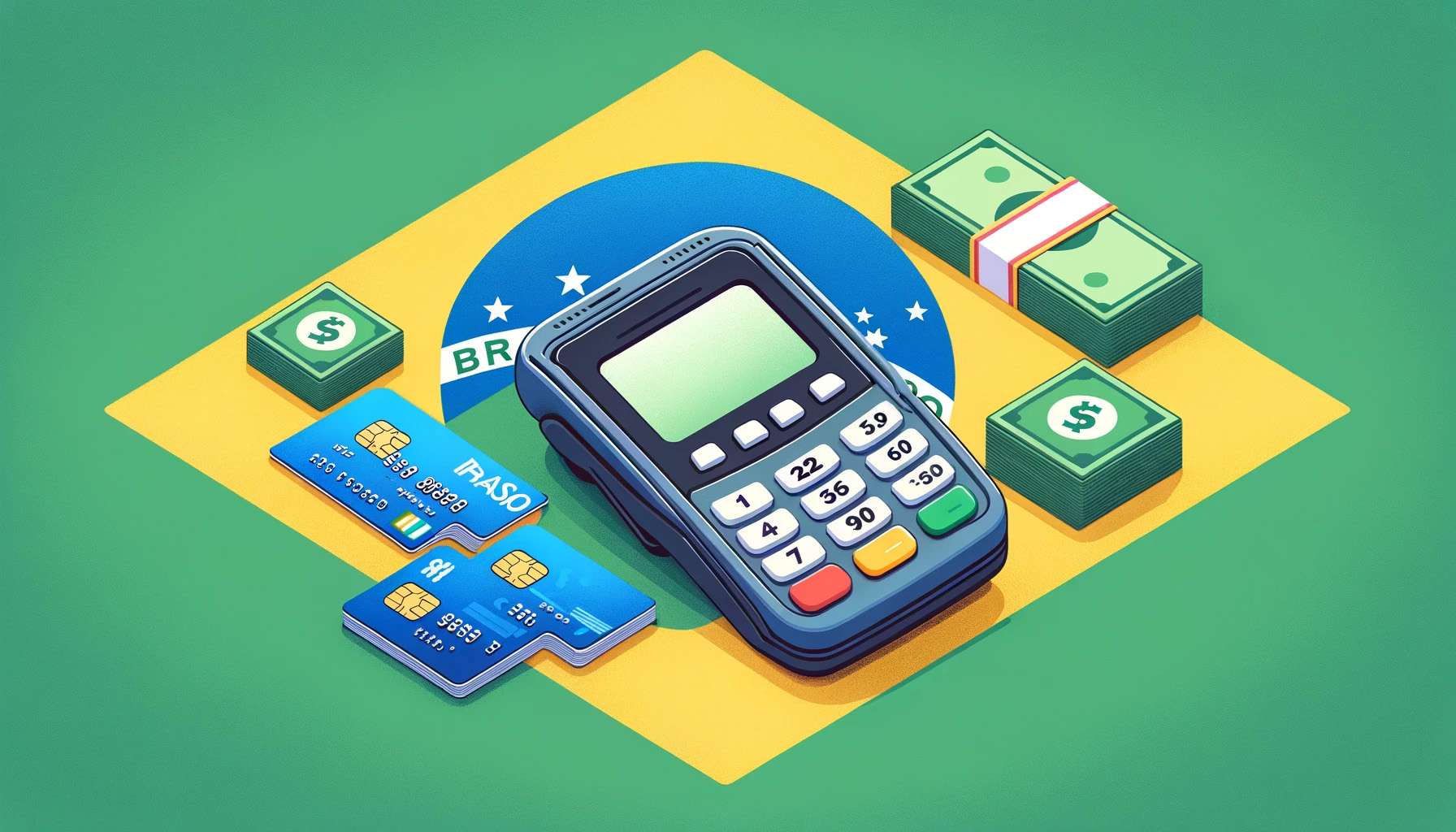 credit card reader, cash, and cards on a brazilian flag