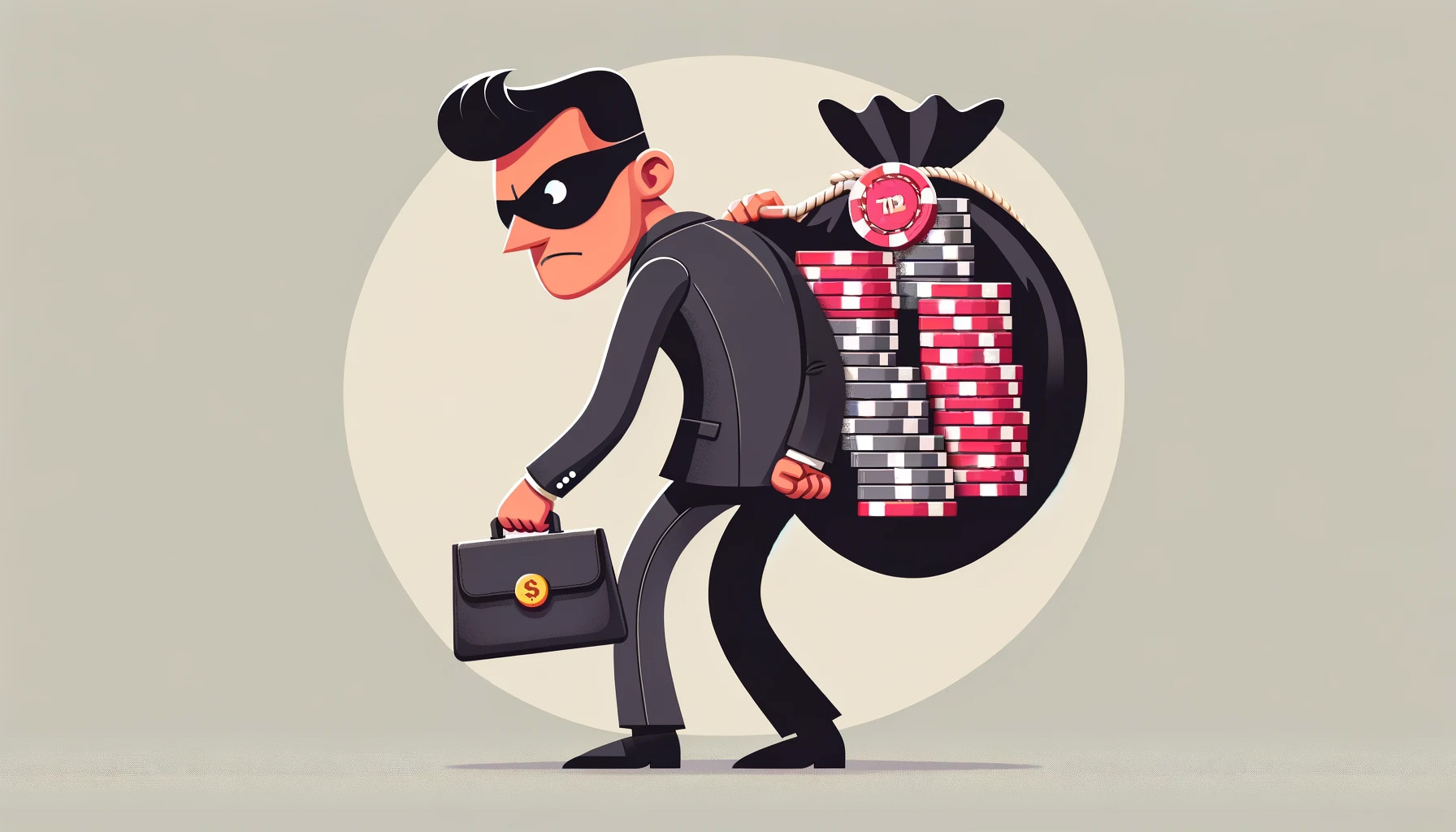 thief holding briefcase and a sack of casino chips