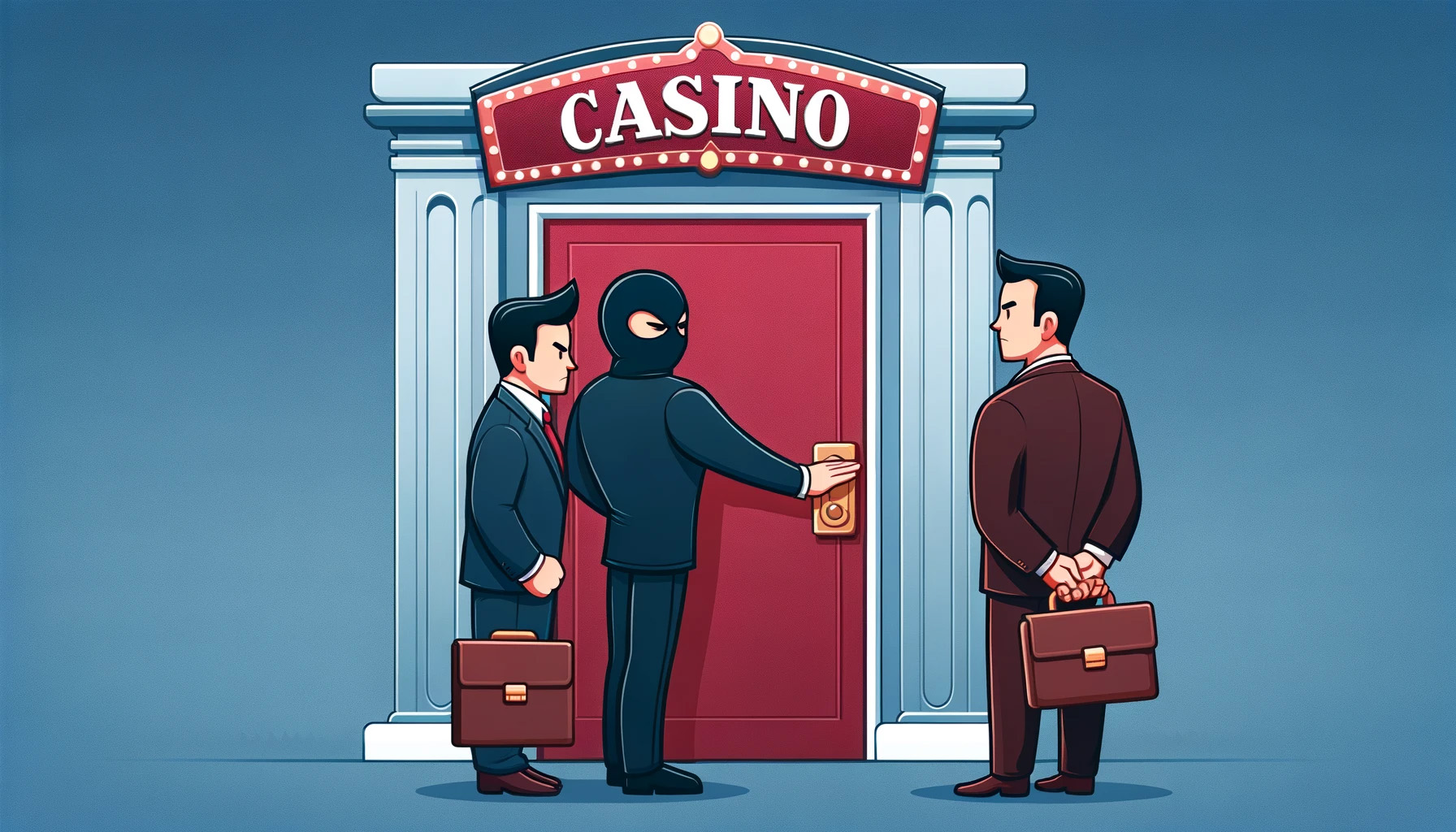 bouncer preventing suspicious businessmen from entering a casino