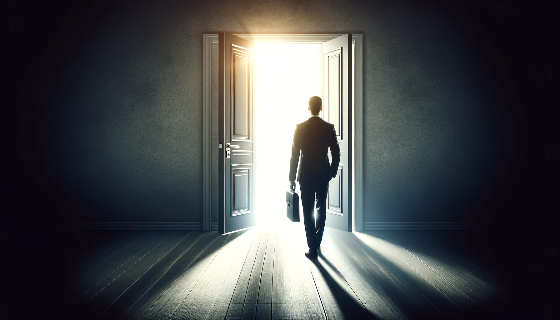 businessman walking through an open door bursting with light