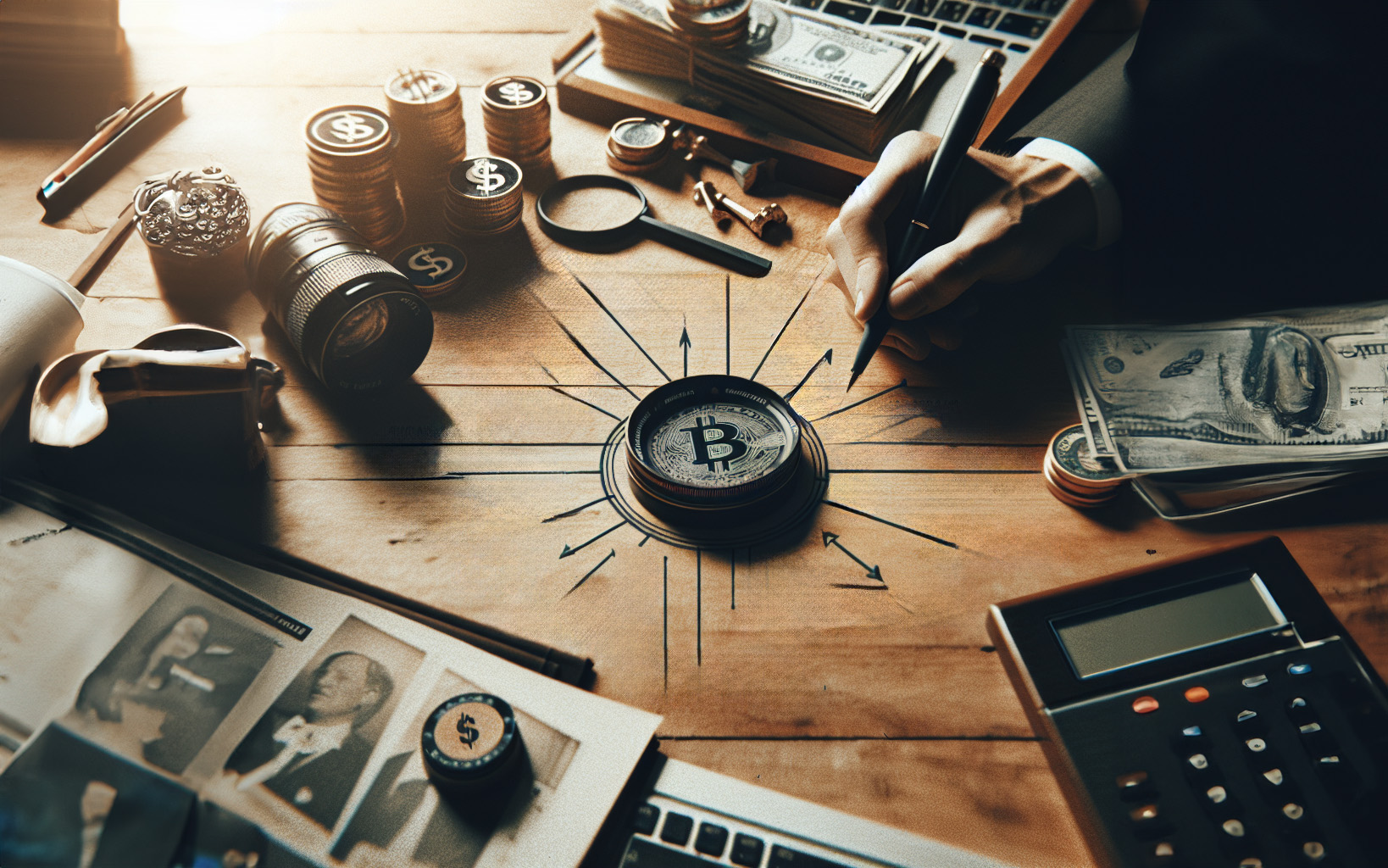 bitcoin, money, planning, desk