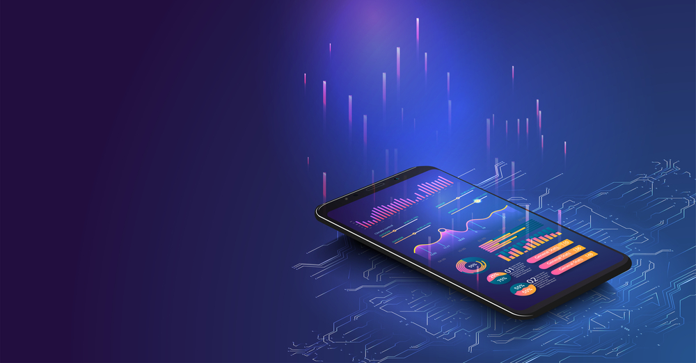  A smartphone on a circuit board with graphs and data representing businesses adapting to regulations.