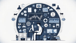 graphic of a person sitting at a desk with graphs, lines, and data circling around them