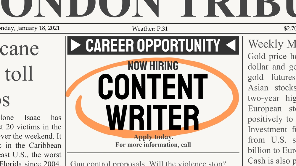 Content writer circled on a newspaper jobs ad.