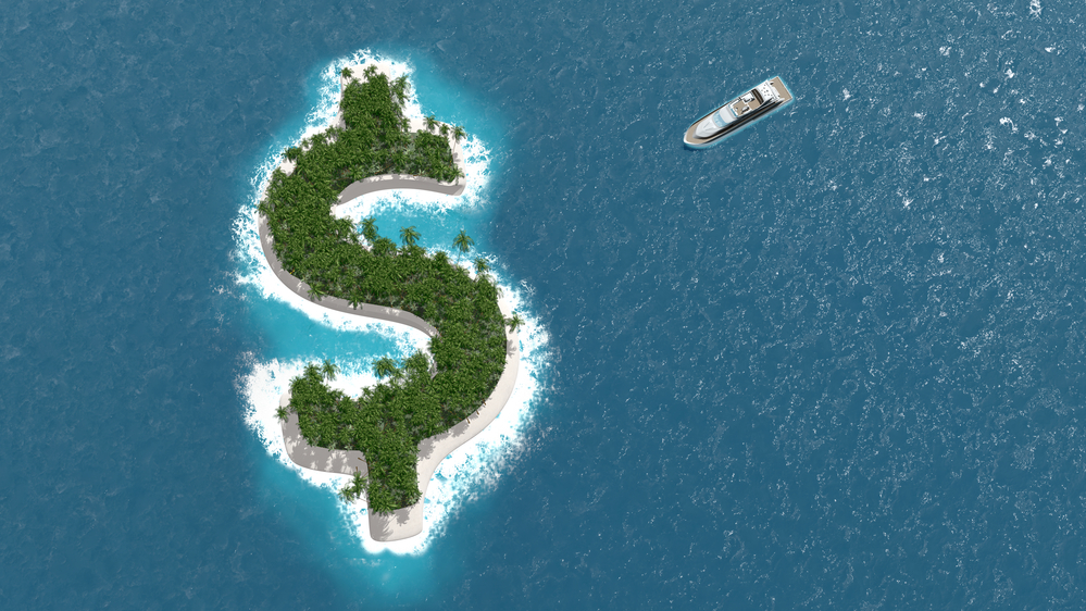 boat sailing to island shaped like a dollar sign to symbolize offshore banking and finance.