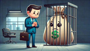 businessman pleading with bag of sad cash in jail