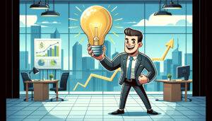 businessman holding lightbulb in office with graphs