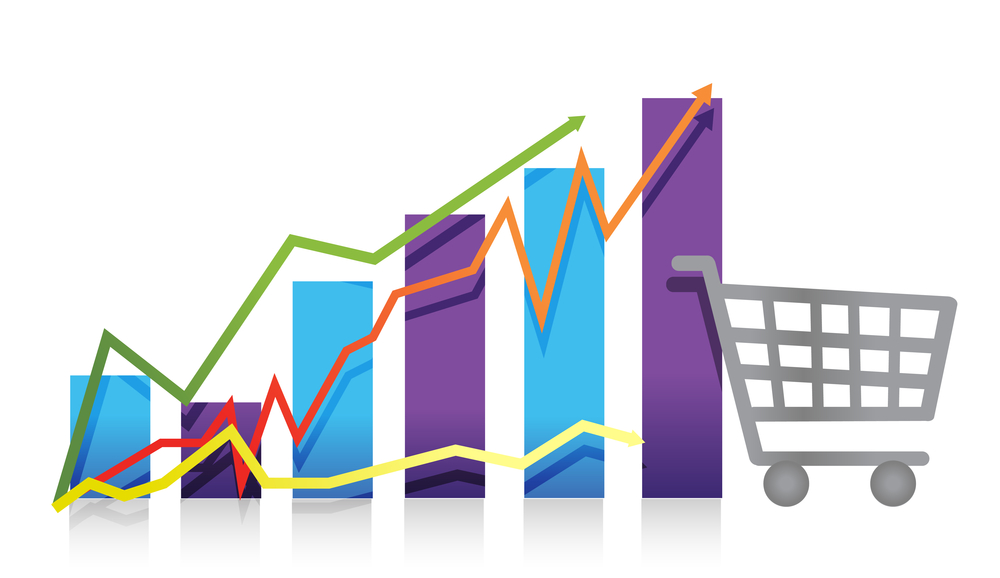 Shopping cart in front of a graph of raising lines and bars.