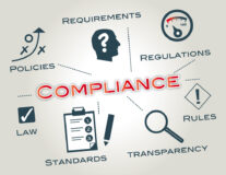 A series of icons labeled Policies, Requirements, Regulations, Rules, Transparency, Standards, and Law all pointing towards Compliance.