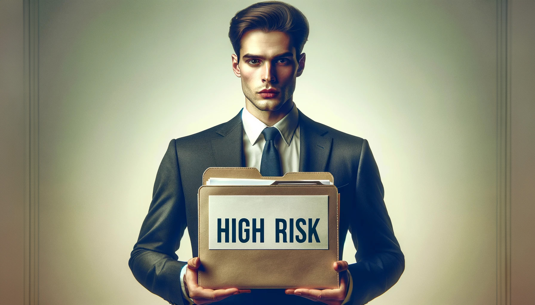 businessman holding a file labeled "high risk"