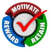 Circle made of three arrows that say. "Motivate", "Retain", and "Reward" all encircling a large checkmark.