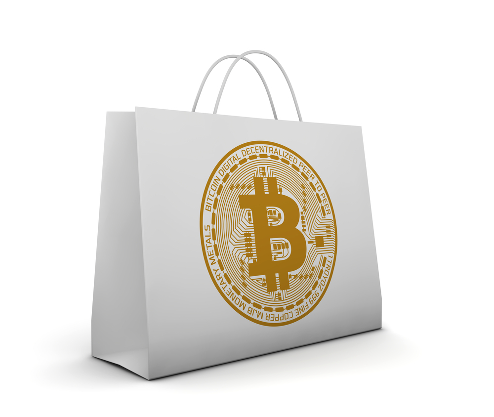 Shopping bag with the Bitcoin (BTC) symbol.