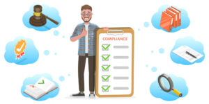 Man standing behind a clipboard title "Compliance" with a completed checklist.
