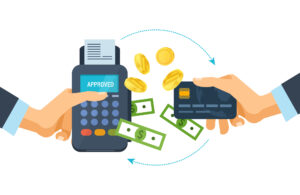 POS, cash, and credit card signifying the payment processing cycle between customer and merchant.