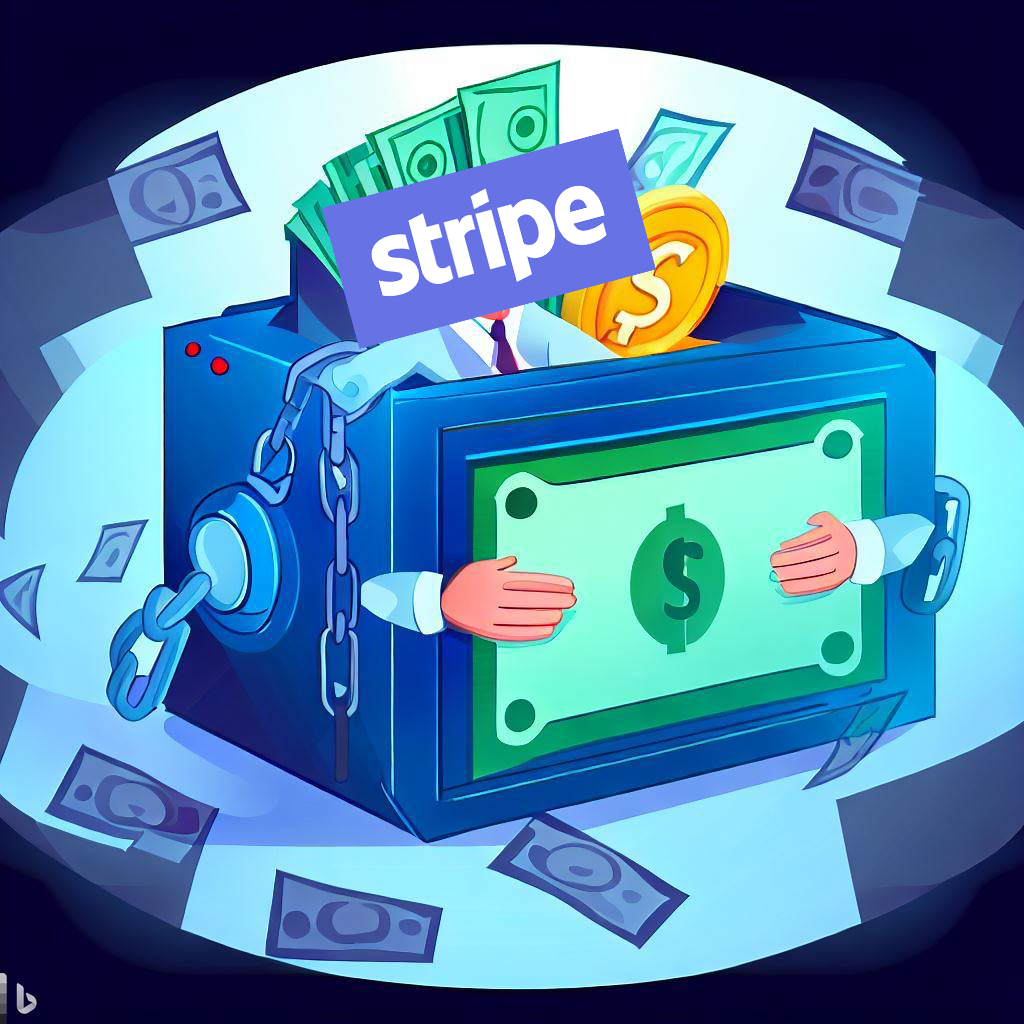 Stripe logo over a man's face inside a safe holding cash dollars.