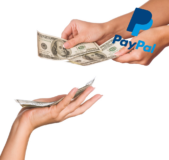 PayPal logo over hands giving cash to another hand below.