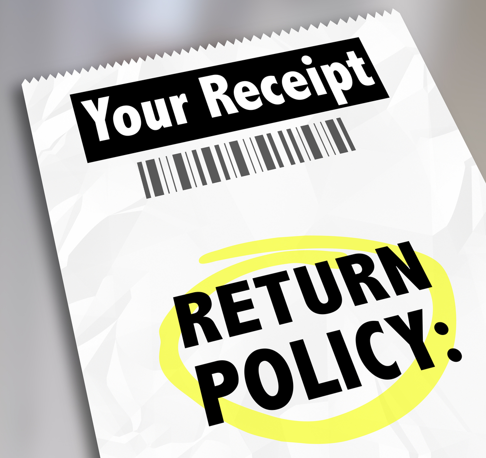 Receipt with "Return Policy" highlighted.