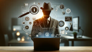 mystery man in front of laptop computer with symbols of finance and business around the screen