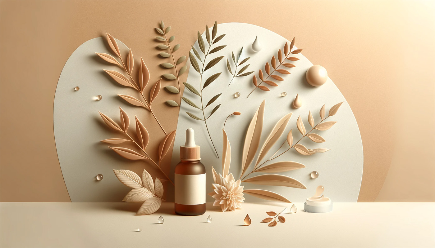 dropper bottle of serum in front of a series of plant leaves and stems on a natural beige background