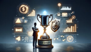 trophy with "chargeback" written on it and a mystery man silhouette standing next to it surrounded by money, graphs, and other business symbols