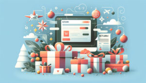 holiday gifts and receipts in front of a shopping website computer screen