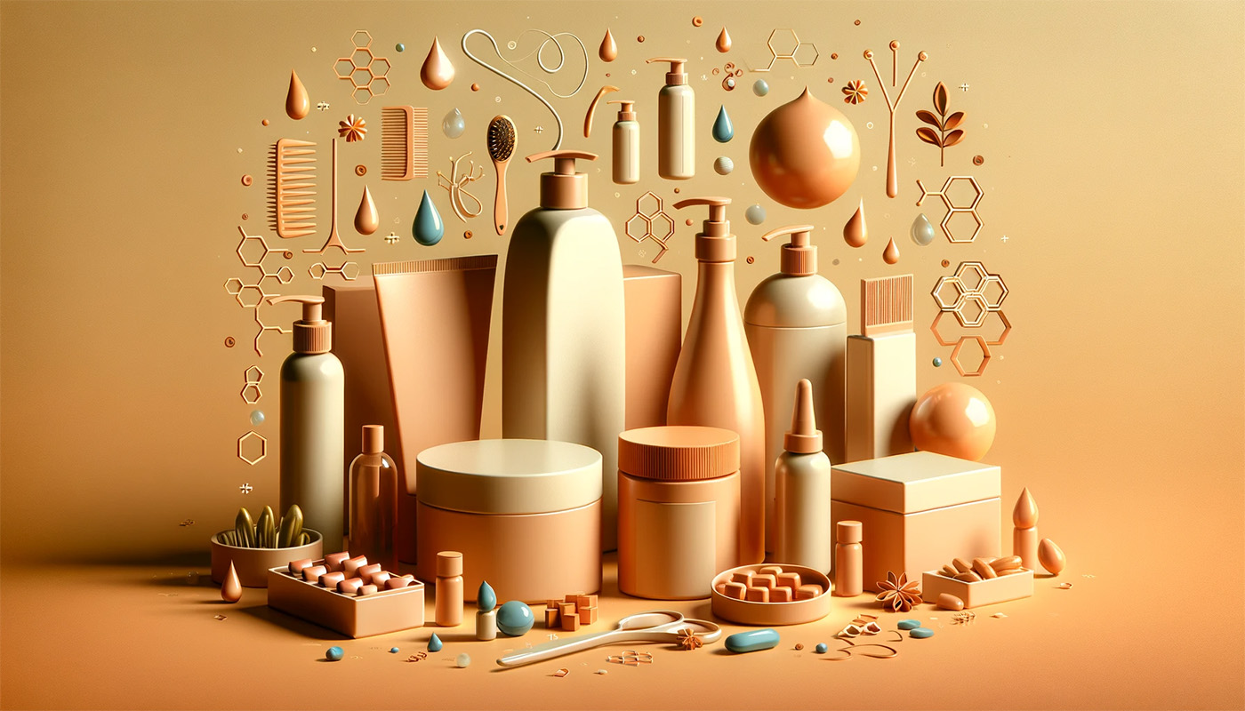 bowls, bottles, pumps, spheres, and cubes of various sizes in a natural orange and yellow and beige color scheme