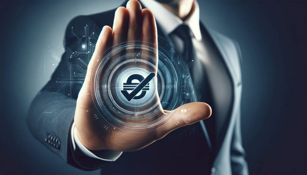 businessman hand stopping a digital icon, chargeback prevention