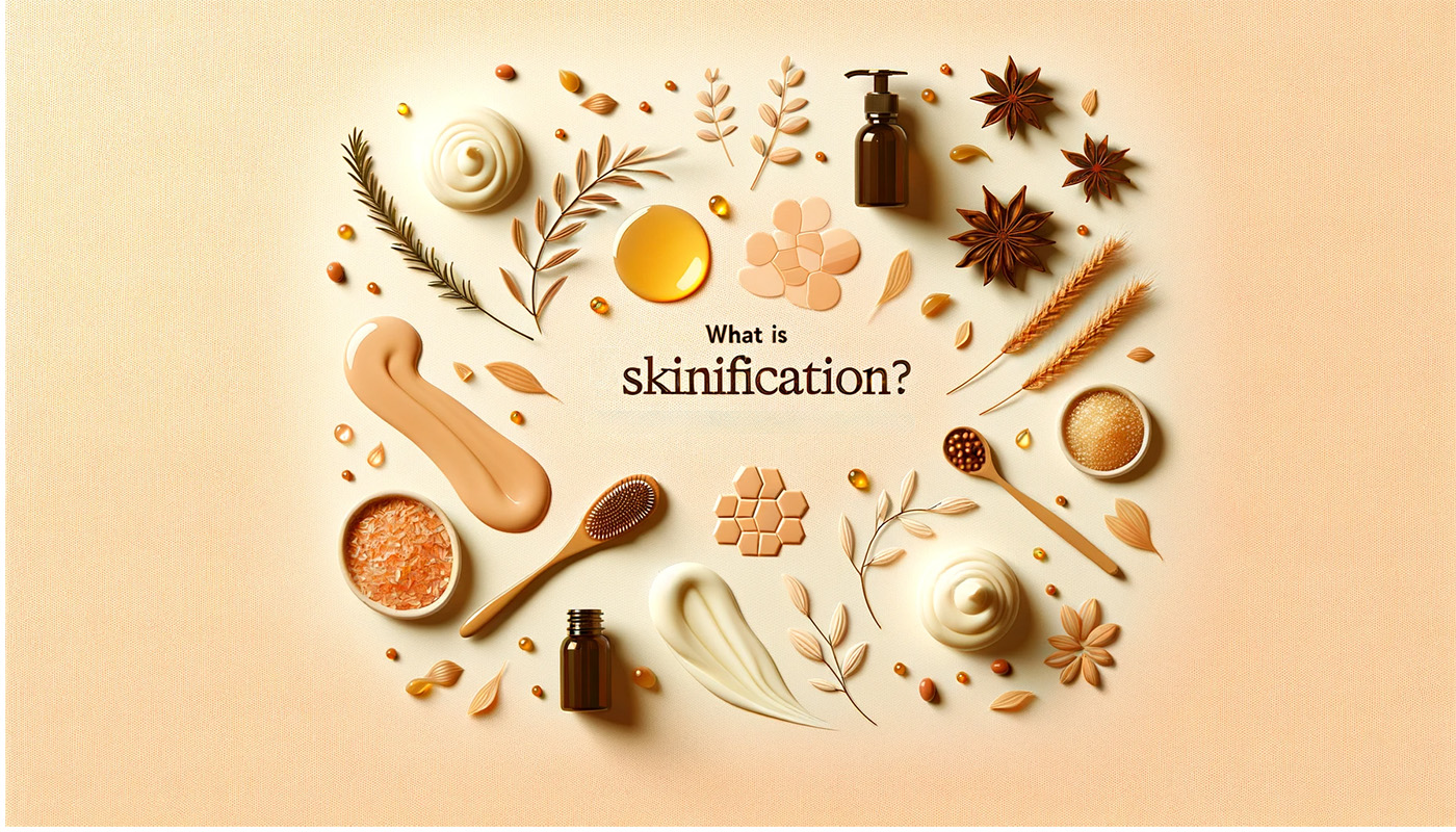 "what is skinifcation" surrounded by natural ingredients like honey, plants, minerals, creams, and spoons