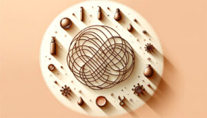 swirls of brown lines making loops within a cream circle bordered by various shapes and bottles