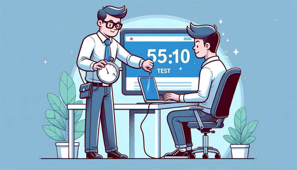 man in tie holding stopwatch testing another man in front of a laptop