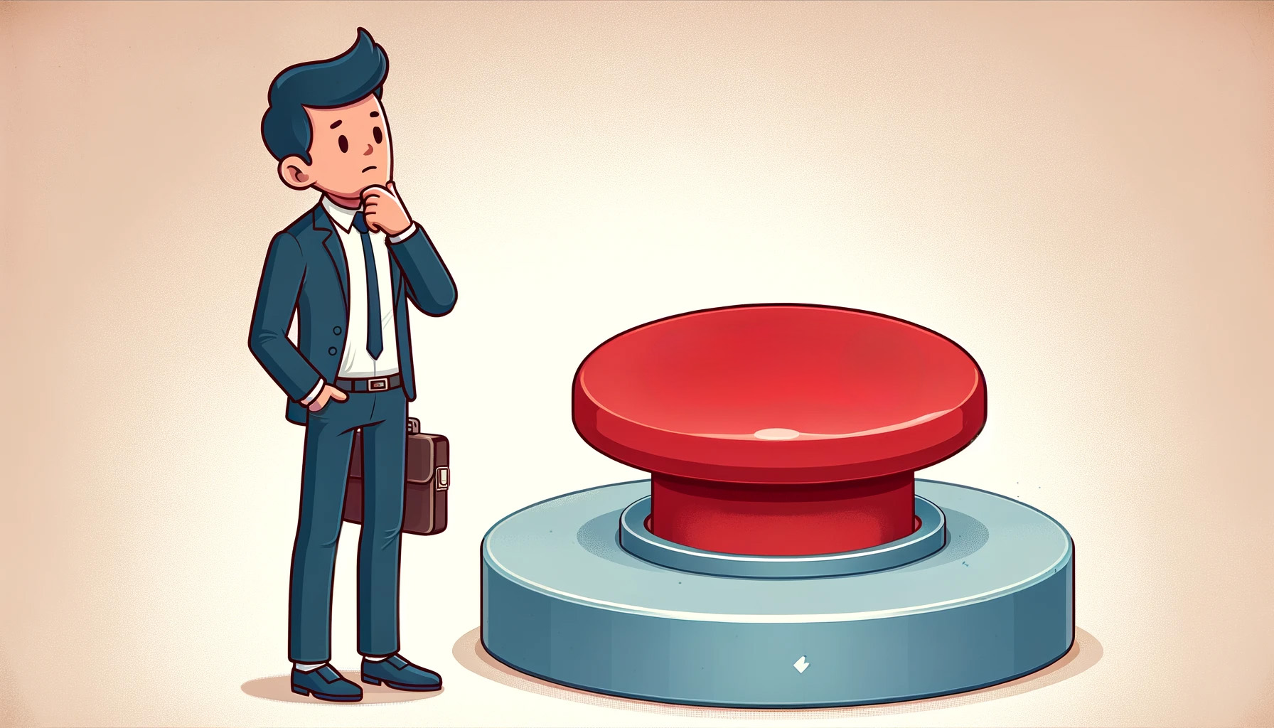 businessman standing next to a big red button