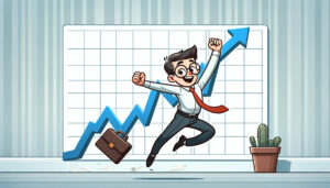 businessman jumping for joy in front of a line graph going up