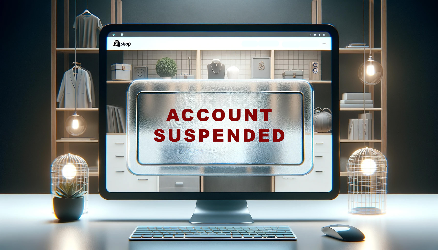 "account suspended" on top of a shopify ecommerce store surrounded by lights and hanging clothes