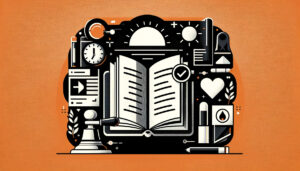 illustration of an open book surrounded by assets like a clock, check mark, heart, and sun