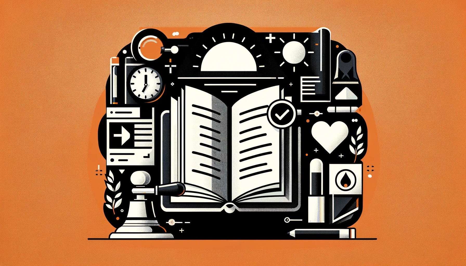illustration of an open book surrounded by assets like a clock, check mark, heart, and sun