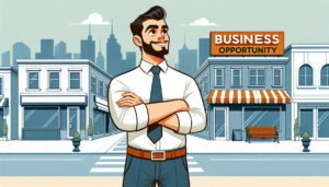 business opportunity sign above storefront with businessman standing in front