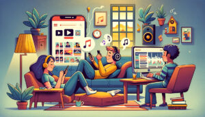 a living room with one person scrolling through their phone, another person listening to a podcast, and a third person browsing their desktop computer.