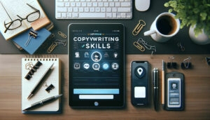 copywriting skills written on a tablet ipad device surrounded by a keyboard, mouse, mobile phone, and other desk items