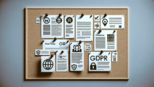bulletin board pinned with papers of compliance, GDPR, consumer rights, data privacy