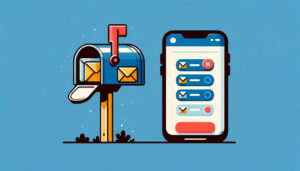 mailbox with a letter sticking out and its flag up, mobile phone showing an inbox with unread messages