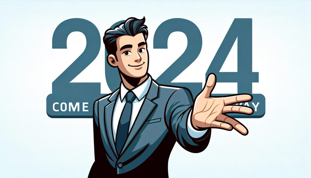 2024 behind a businessman holding his hand out