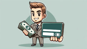 man holding money and a big credit card