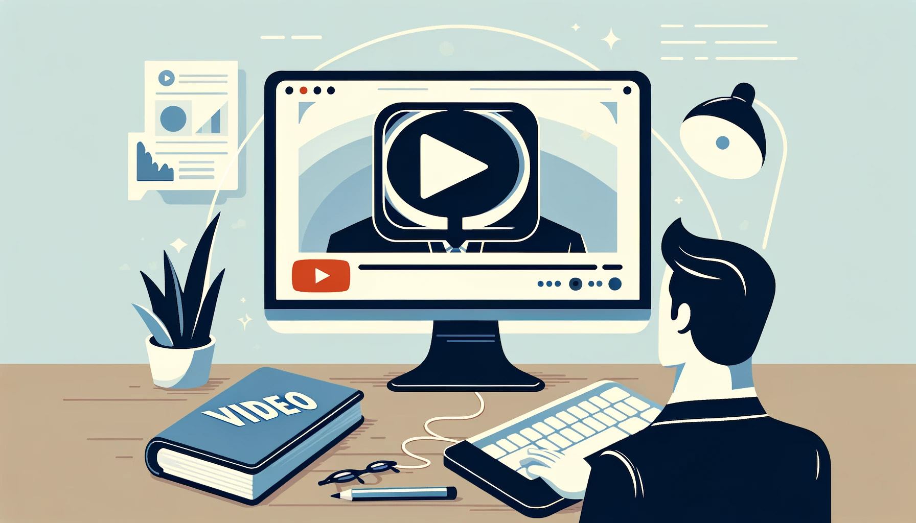 video player on computer screen, businessman sitting in front of keyboard, book "Video", YouTube logo