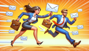 businessman and businesswoman racing , holding briefcases, envelopes flying in the air