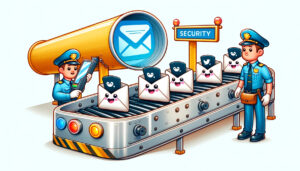 conveyor belt labeled "security" with happy emails
