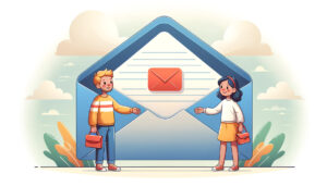 two people making a connection in front of a giant email envelope.
