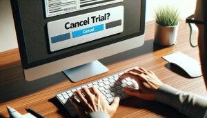 Person typing at keyboard with computer screen giving a "cancel trial?" popup.