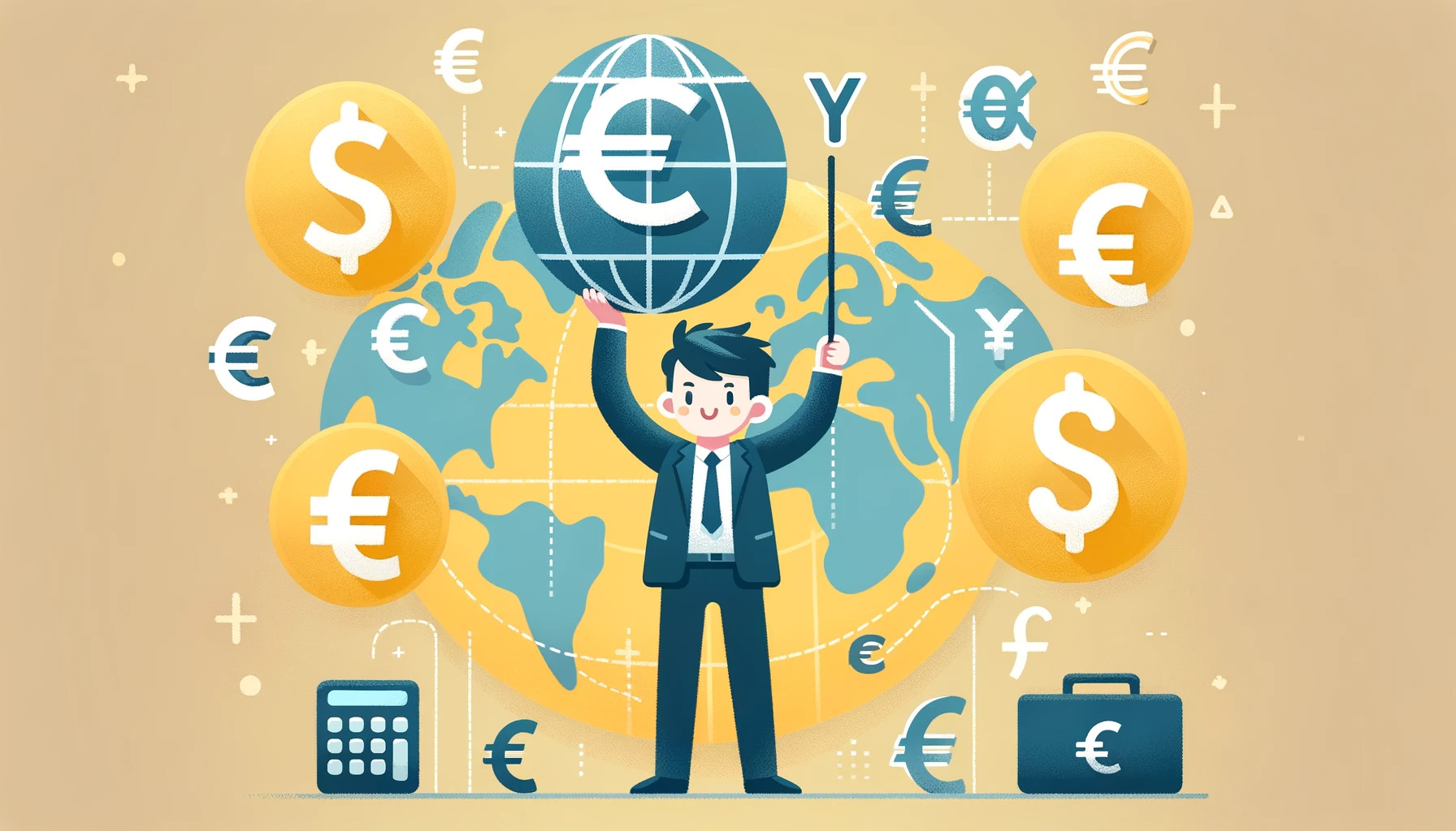 business man holding up a globe of the Earth with various currency symbols in the background, US dollars, Euros, Yen